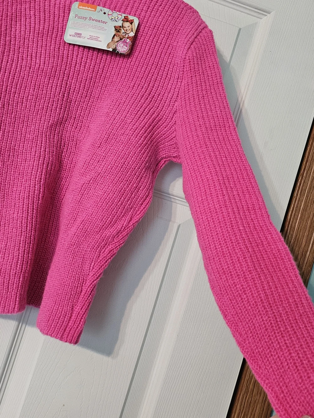 JoJo Siwa Hot Pink Ribbed Crewneck Sweater with Dog Patch
